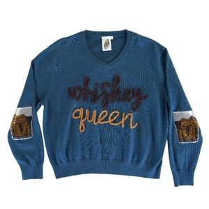 Queen of Sparkles Whiskey Queen Sweater Women's Size Medium Teal Sequin V-Neck